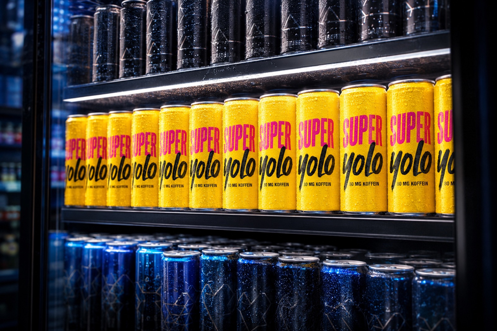 Kühlregal mit vielen dunklen Energydrink-Dosen, dazwischen leuchtet eine Reihe gelber SUPERYOLO-Dosen