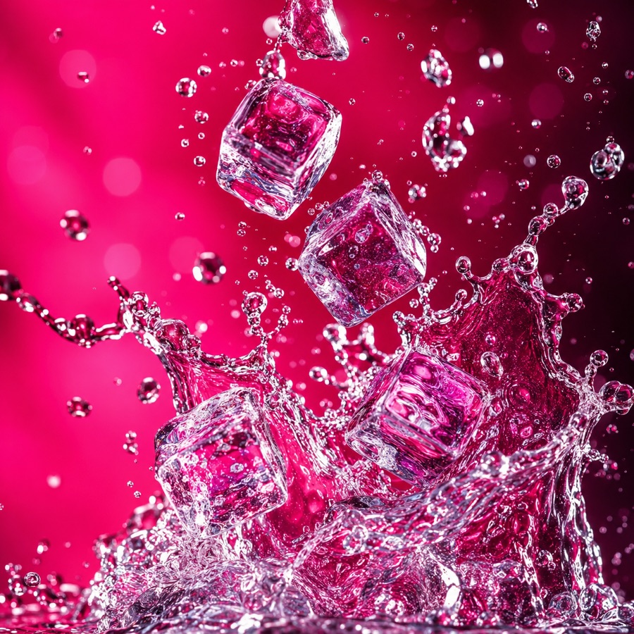 Eiswürfel mit aufspritzendem Wasser vor magentafarbenem Hintergrund
